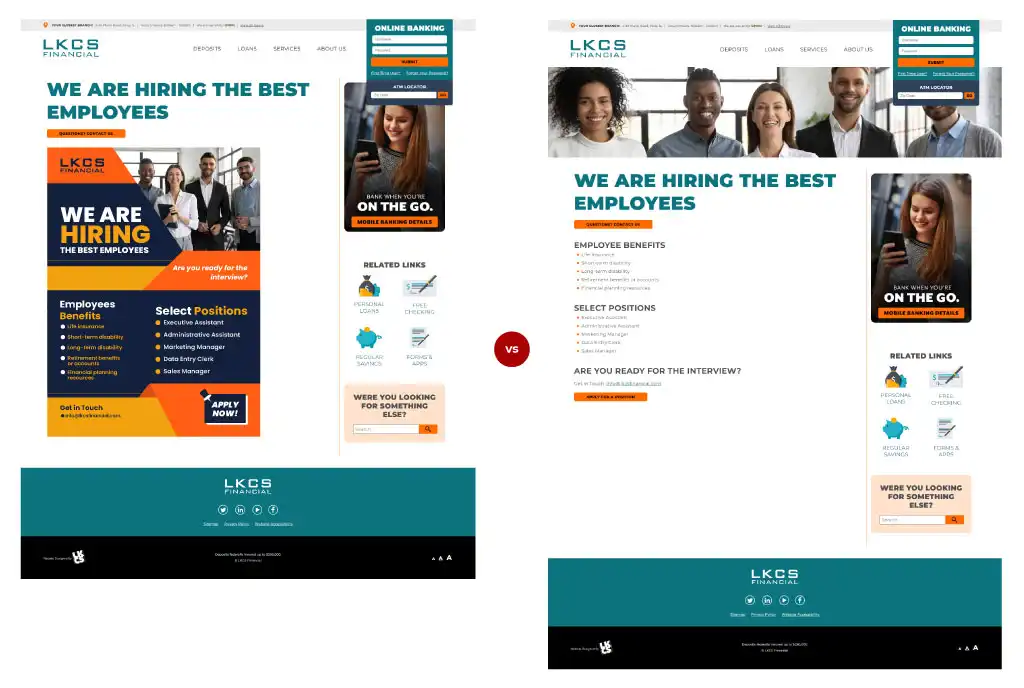 Screenshot of a webpage with an image containing information about hiring opportunities versus a screenshot of the same page with the same information displayed within the html content.