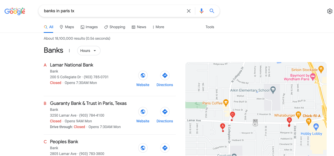 Google search results for "banks in paris tx"