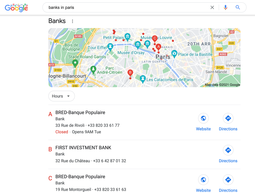 Google search result for "banks in paris"
