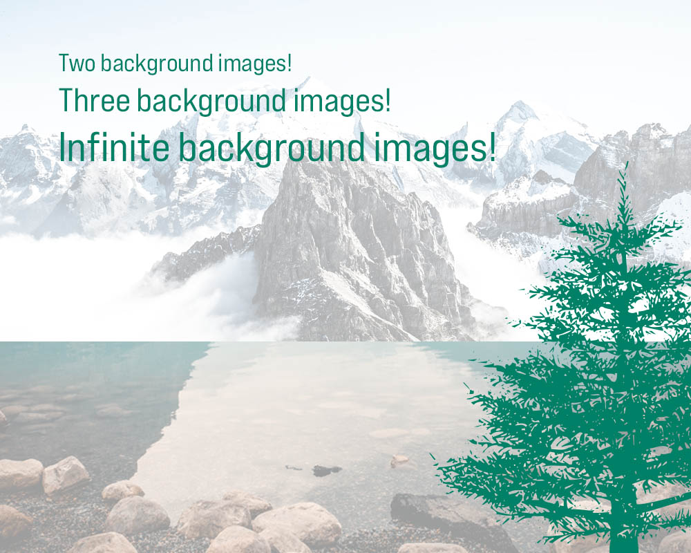 An image of a mountain, an image of a lake, and an illustrated pine tree all serving as backgrounds for one element of code.