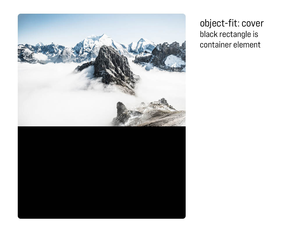 Object fit with a black rectangle as a container element. The rectangle is visible under an image of a mountain.