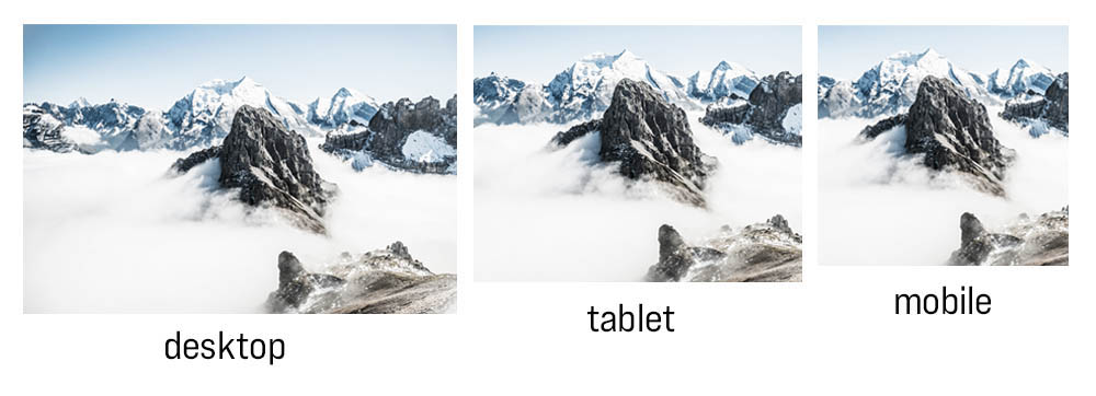 3 photos of a mountain resized at different proportions to fit a desktop, tablet or mobile screen