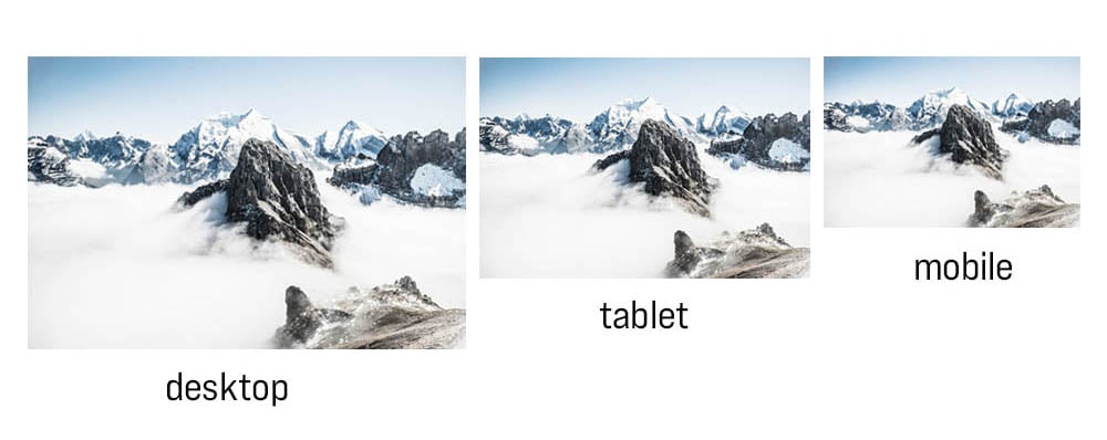 3 photos of a mountain resized to the same proportions at different screen levels for desktop, tablet and mobile devices.