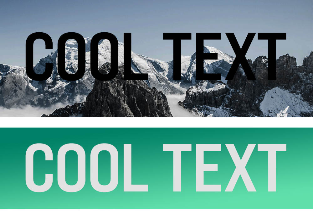 Internet Explorer overlays the words "Cool Text" over a mountain image and green gradient background.