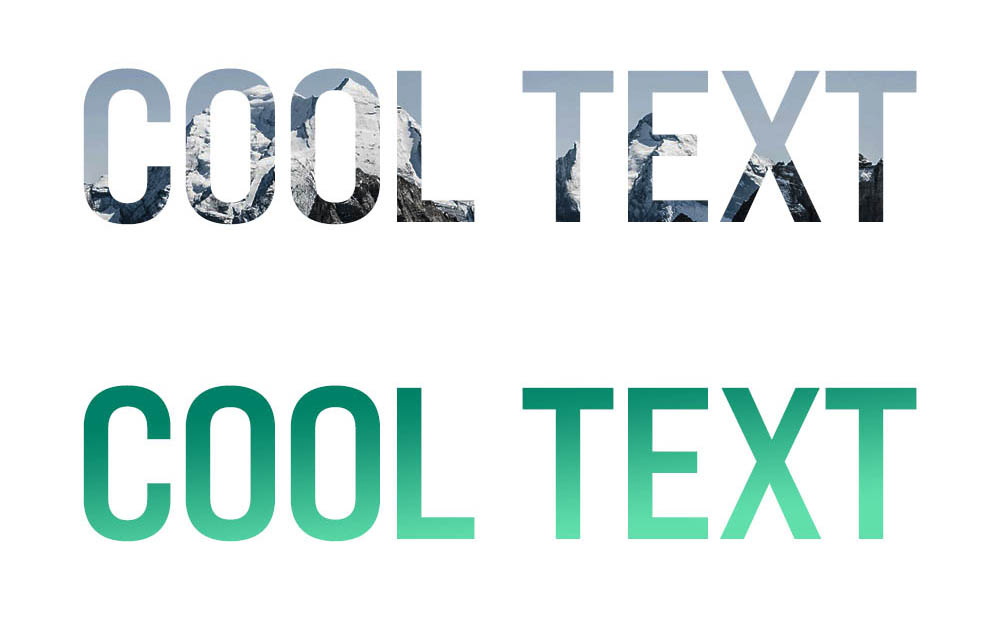 An image of a mountain is contained within text that says "Cool Text". A green gradient is coded into text that says "Cool Text".