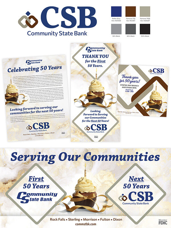 Branding elements for Community State Bank featured a tan, blue, and brown color scheme with interconnected diamond shapes.