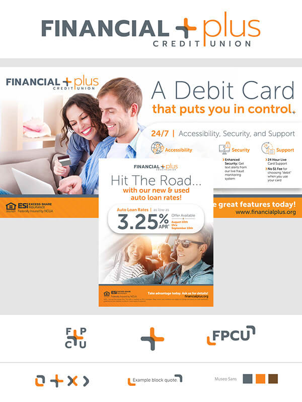 Branding elements for Financial Plus Credit Union featuring a grey and black color scheme with a plus icon.
