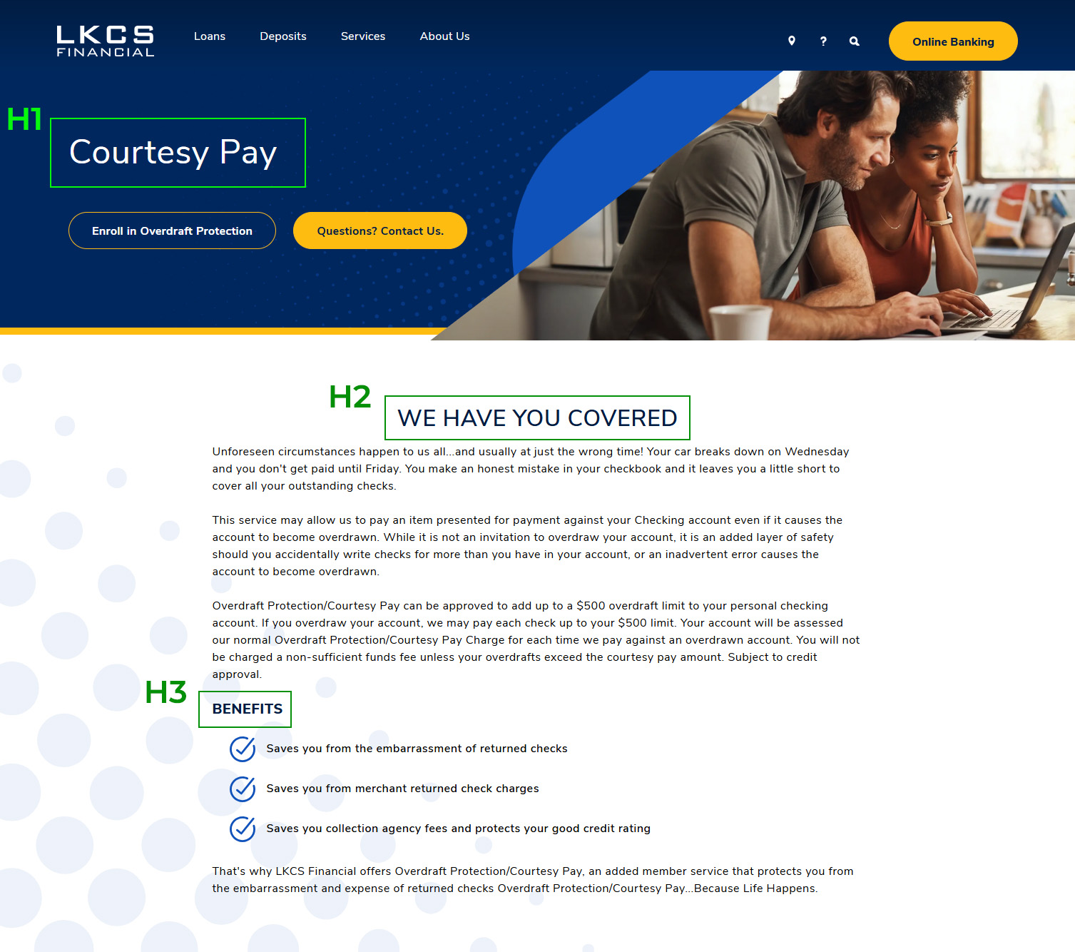 Screenshot of website using proper heading usage for SEO and accessibility.
