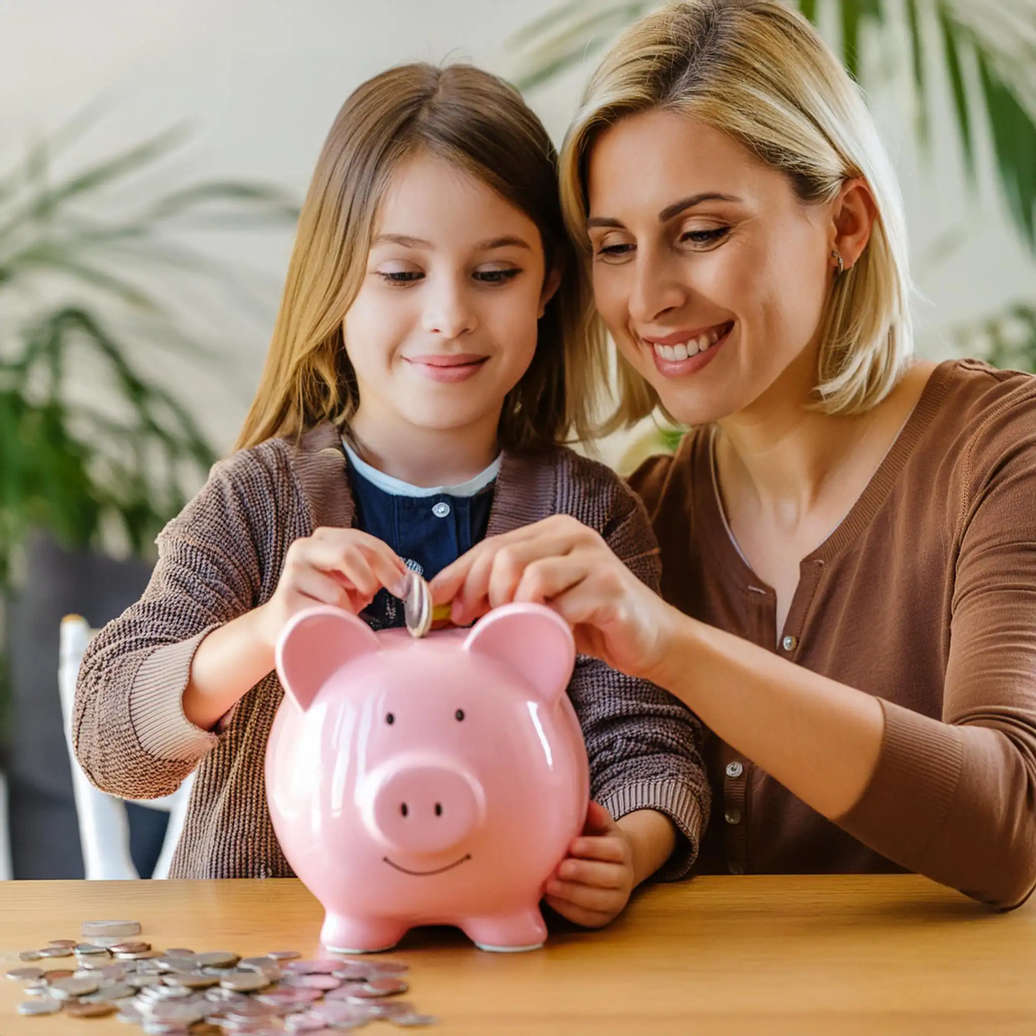 A little girl and her mother sitting at a table, smiling as they drop some coins into a large pink piggy bank. A large pile of additional coins sits on the table in front of the piggy bank.