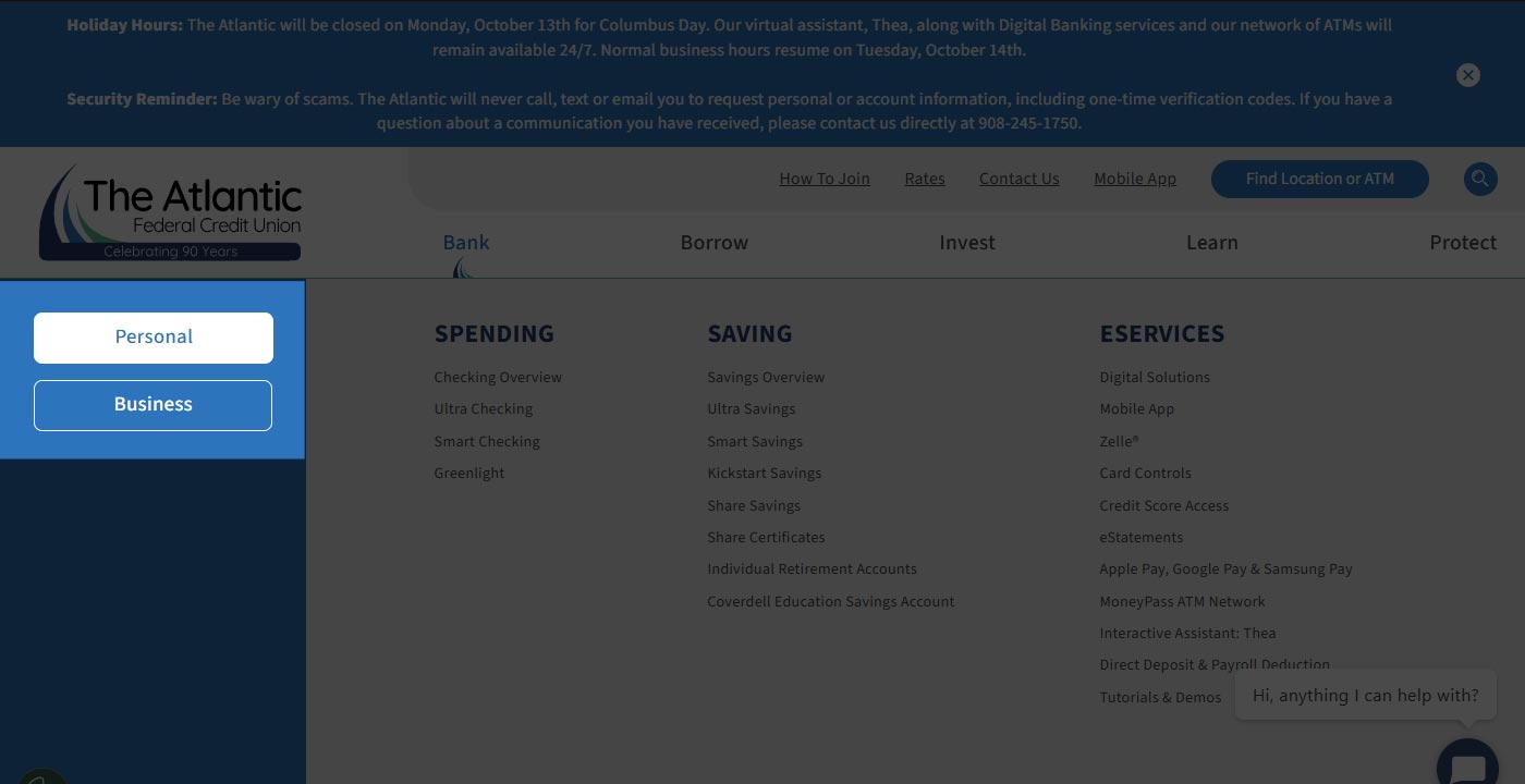 Sections of a credit union's website navigation divided into Personal and Business banking.