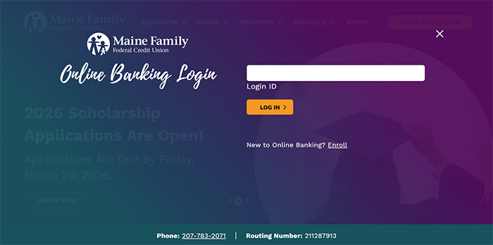 Maine Family Credit Union's online banking login page is a full screen overlay using their branding to customize it.