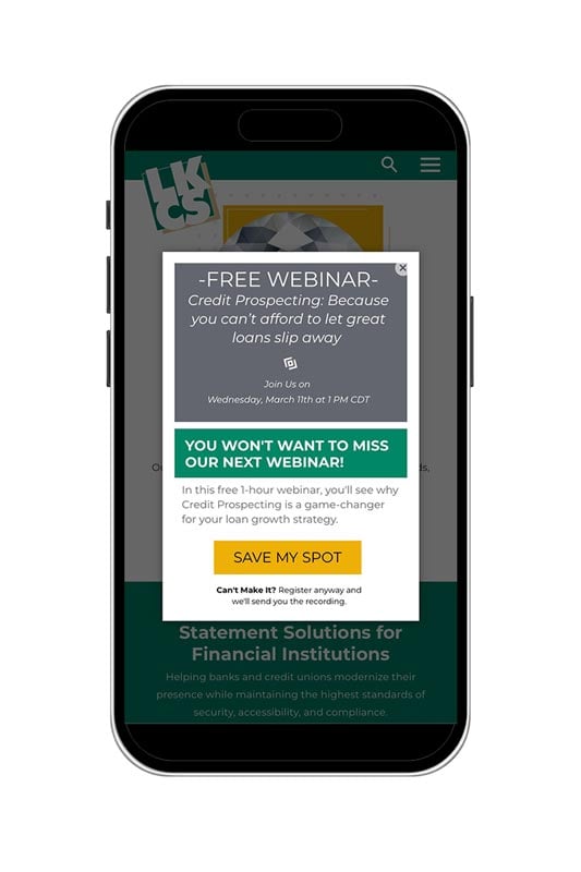 Example of a pop up window taking up 1/3 of the screen of a mobile device.