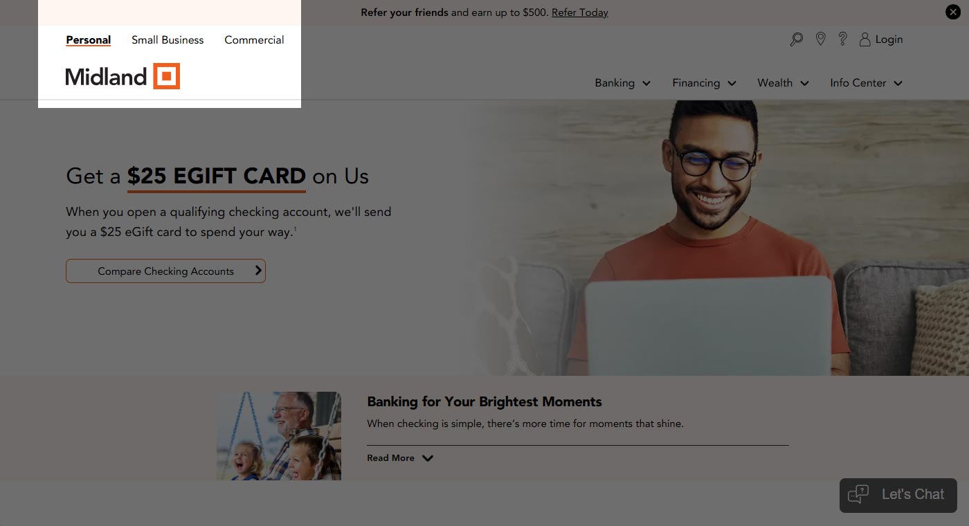 Example of sections of a website accessible from three links.